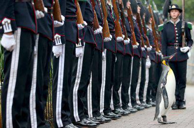 RETRANSMITTING CORRECTING NAME OF PENGUIN FROM OLAF TO OLAV CORRECT CAPTION SHOULD READ Uniformed soldiers of the King of Norway's Guard parade for inspection by their mascot, king penguin Nils Olav, who was awarded a knighthood in 2008, at RZSS Edinburgh Zoo, as they announce the penguin's promotion and new title of Brigadier Sir Nils Olav. PRESS ASSOCIATION Photo. Picture date: Monday August 22, 2016. The prestigious title was awarded during a special ceremony which was attended by over 50 uniformed soldiers of His Majesty the King of Norway’s Guard, who are taking part in The Royal Edinburgh Military Tattoo this year. Sir Nils paraded his way up Penguin Walk, whilst inspecting the soldiers of the Guard. The regal, black, white and yellow bird is the mascot of His Majesty the King of Norway’s Guard and his honour is approved by King Harald V of Norway. See PA story SCOTLAND Penguin. Photo credit should read: Jane Barlow/PA Wire