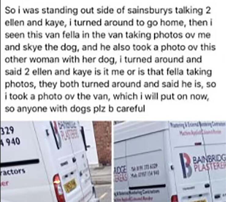 Donna fotografa un furgone e lo posta sui socia accusando il proprietario di essere un rapitore di animali domestici dopo che l'ha visto scattare una fotografia al so cane (Foto Facebook)