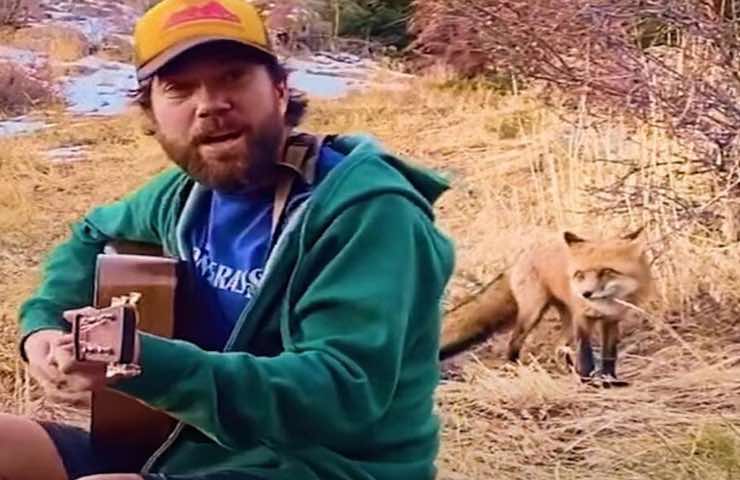 uomo suona chitarra con animale dietro
