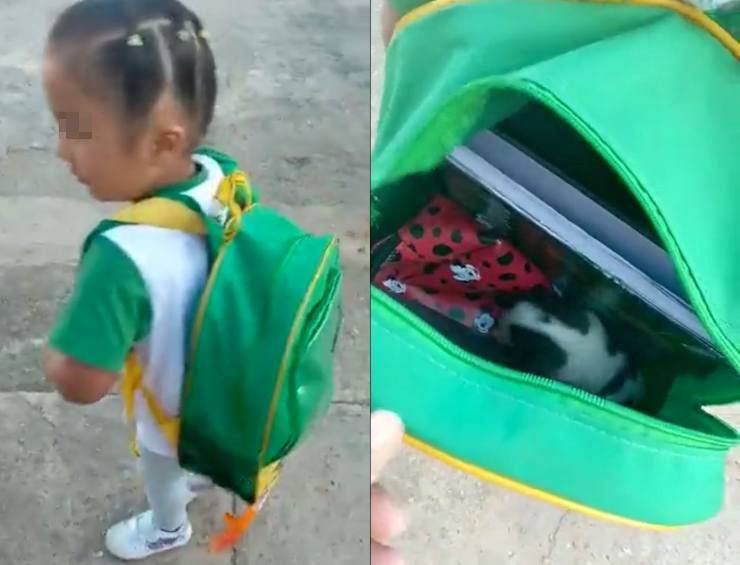 niña esconde mochila escolar para cachorro