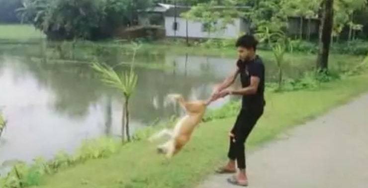 Afferra il cane per la coda e lo fa roteare prima di gettarlo nel laghetto (Foto Facebook)