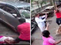 Prende una spranga di ferro e picchia violentemente un cane una donna e altri parenti (Screen Video)