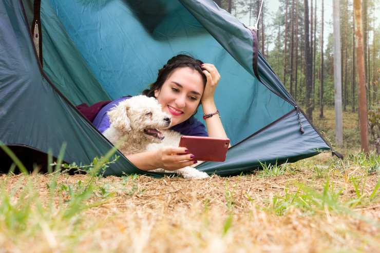 Cane e donna in campeggio 