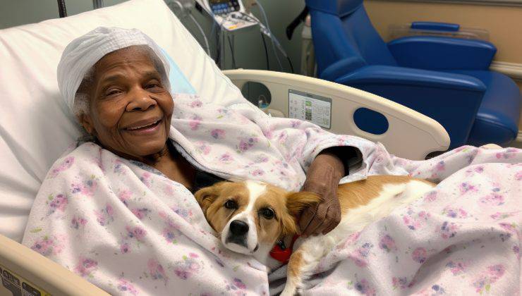 Cane sul letto con una donna che sta per morire