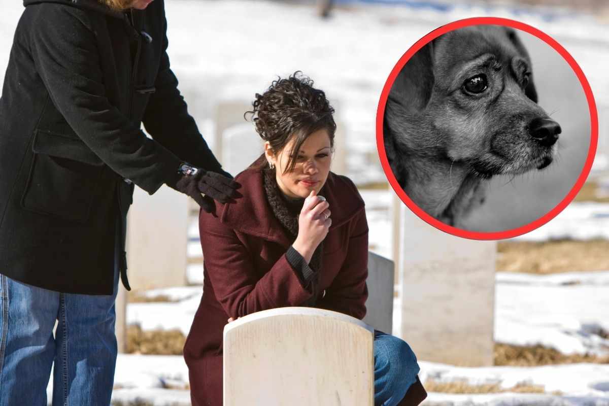 Una persona consola una donna al cimitero che piange per la perdita del suo cane