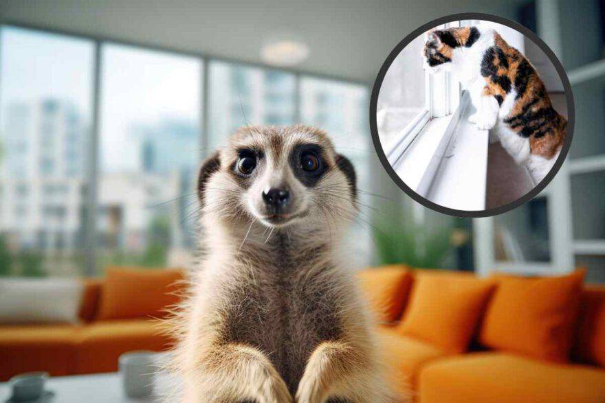 suricato su divano e gatto 