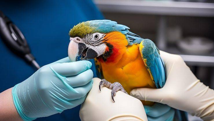 pappagallo in cura per il becco dal veterinario
