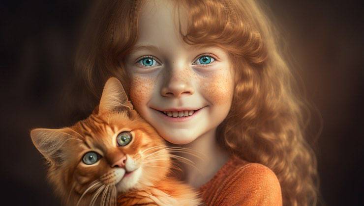 Bambina con i capelli rossi abbraccia un gatto arancione 