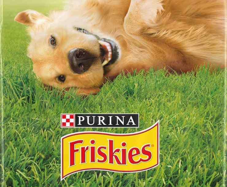 un golden retriever che si rotola nel prato e il logo della marca di croccantini