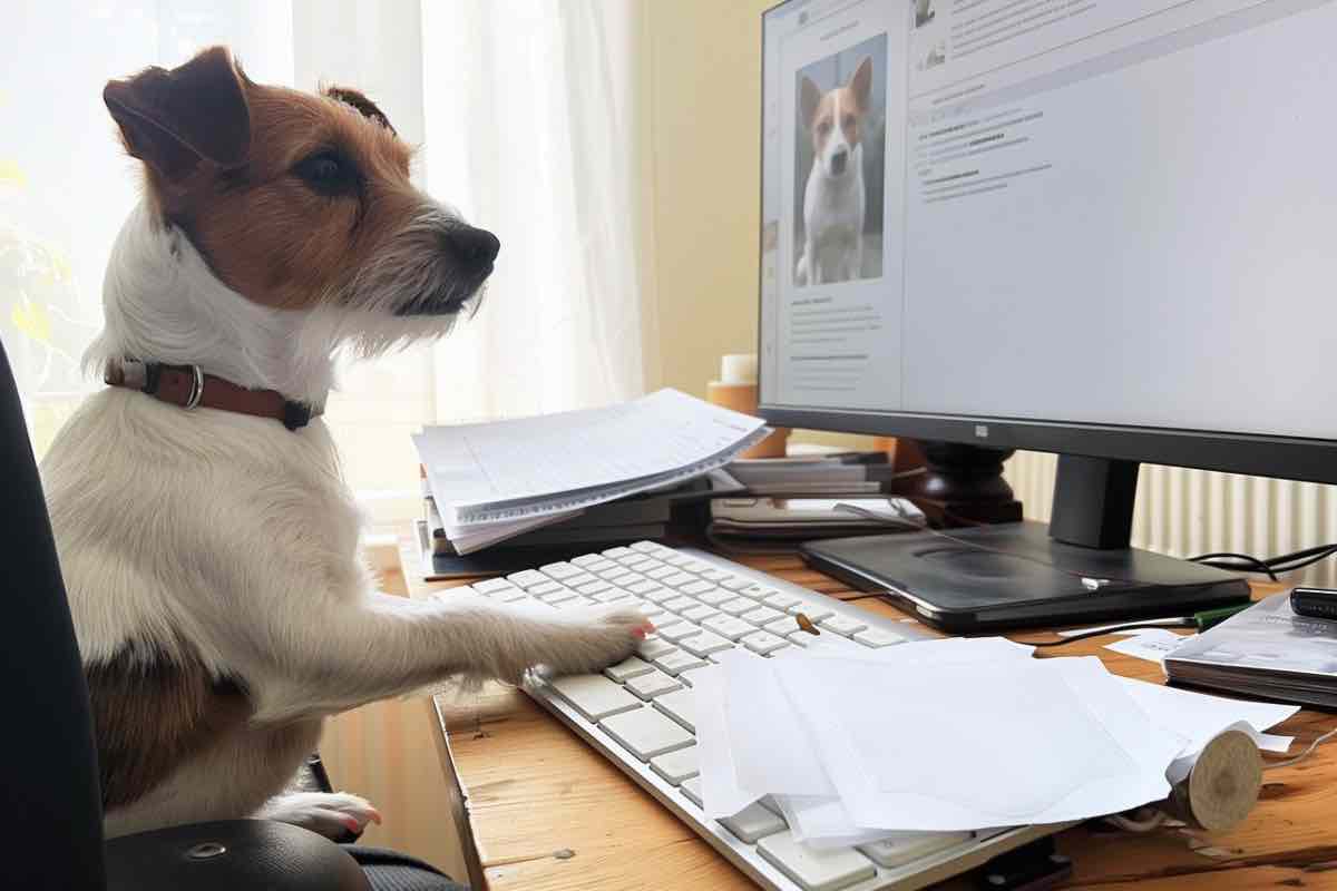 Jack russel terrier davanti al computer in ufficio