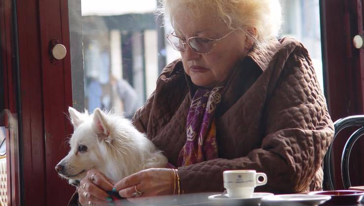 Donna anziana al bar con il suo animale domestico 