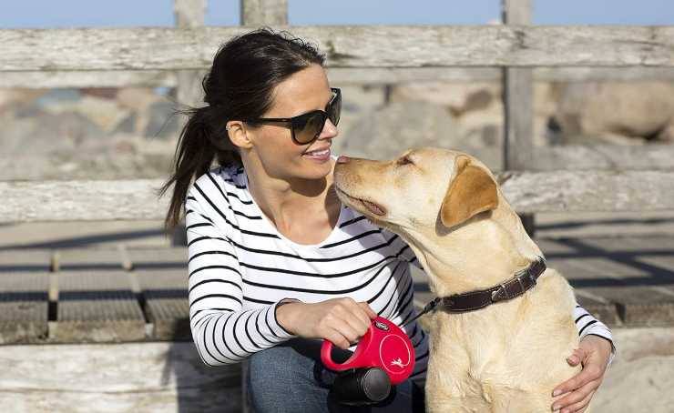 un cane al guinzaglio che da un bacino alla sua padrona