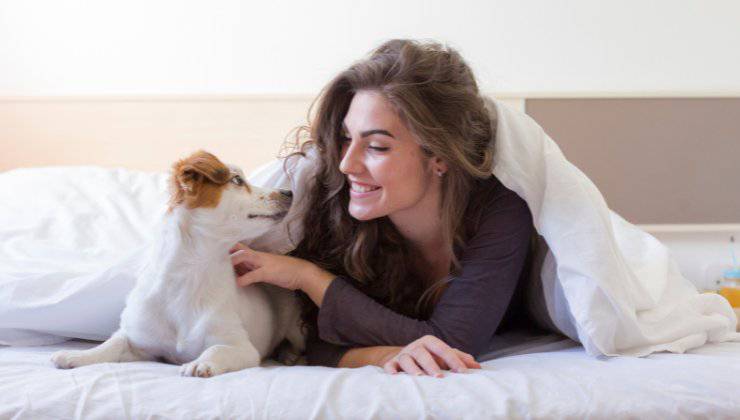 donna con cane sotto la coperta