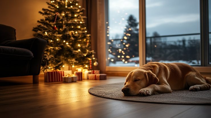 cane sotto l'albero di Natale
