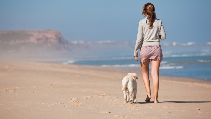Donna e cane in spiaggia 