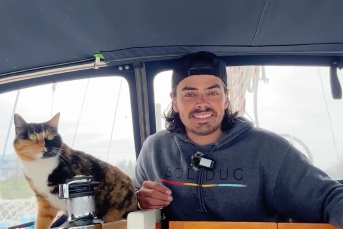 Gatto e ragazzo a bordo della barca