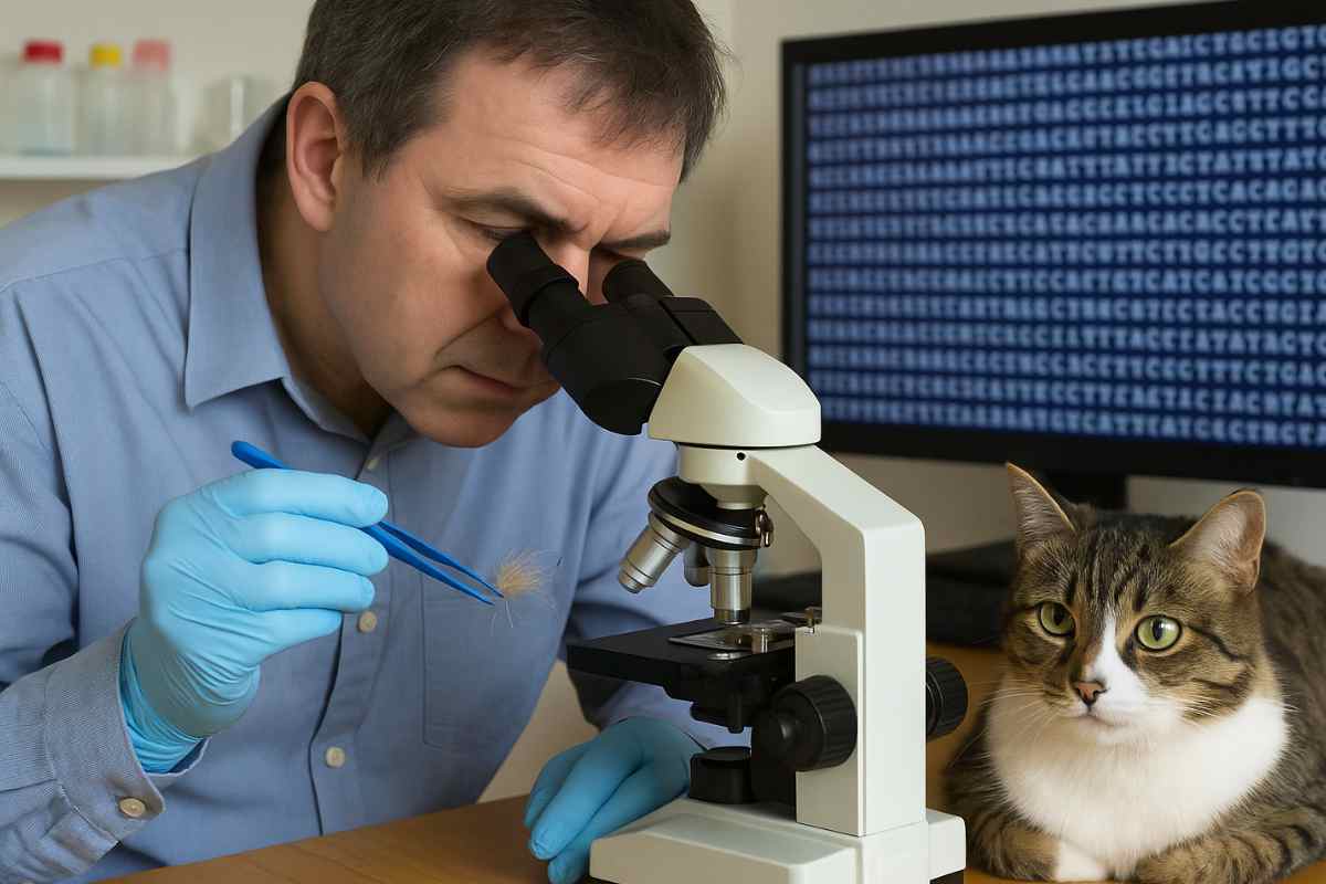 gatto e scienziato che guarda al microscopio