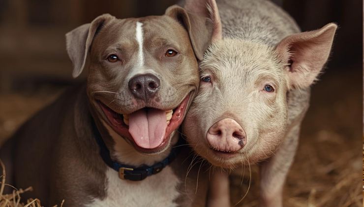 maiale e pitbull adottate insieme dopo la morte del proprietario