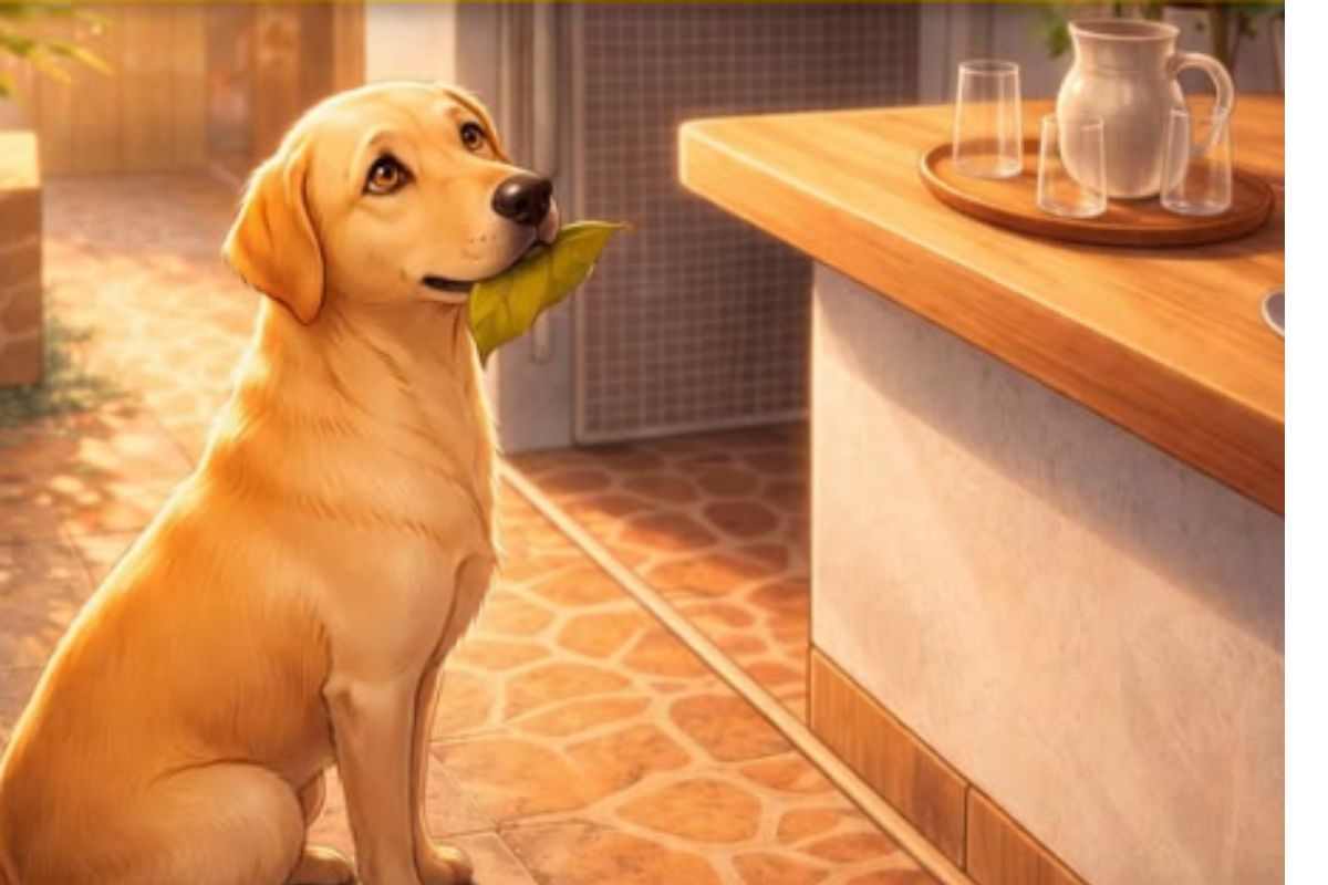 cane con foglia in bocca