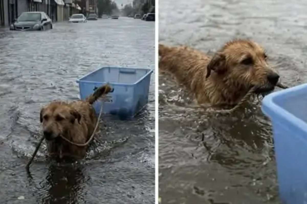 il cane salva i gattini durante l'alluvione