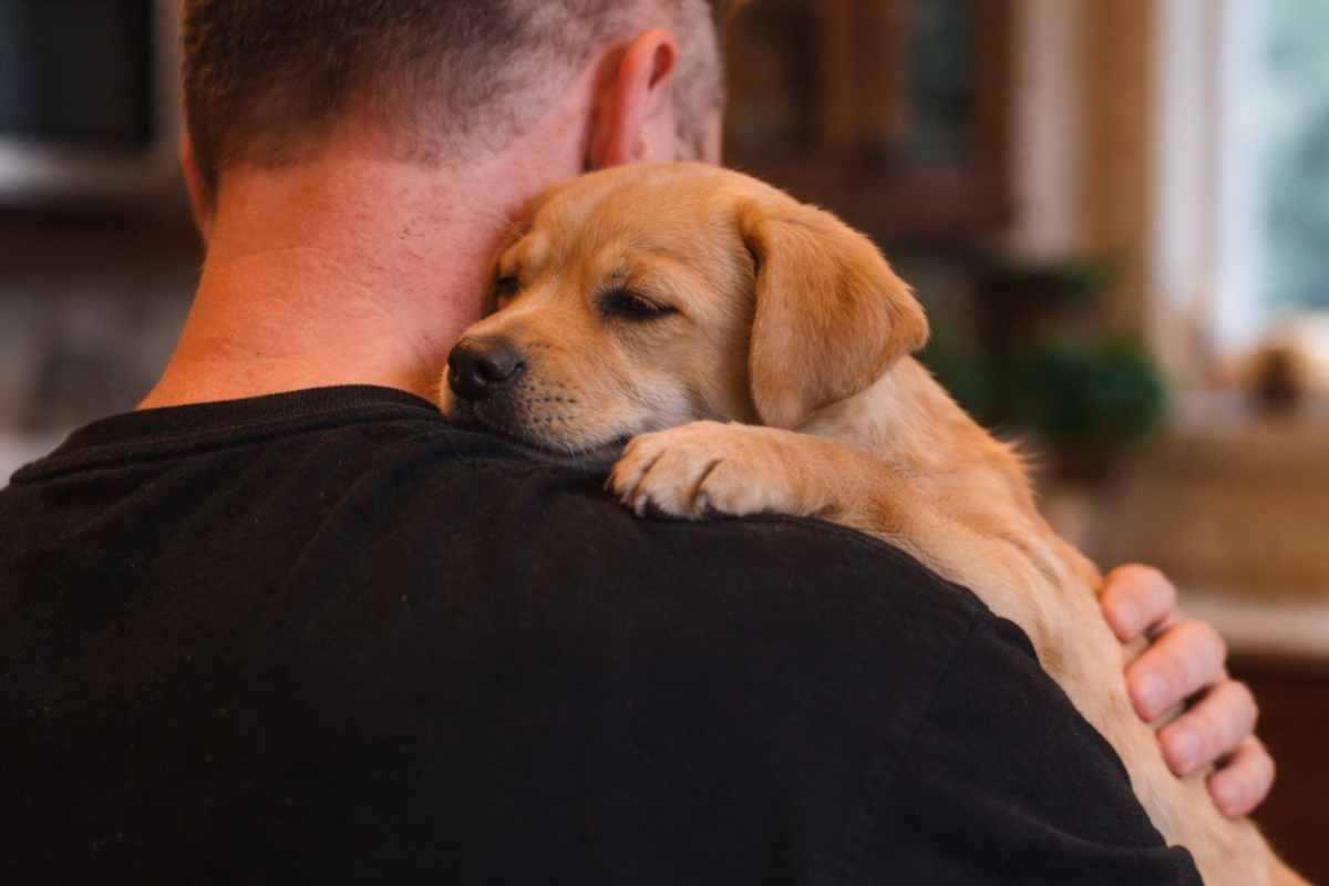 Uomo con cucciolo in braccio