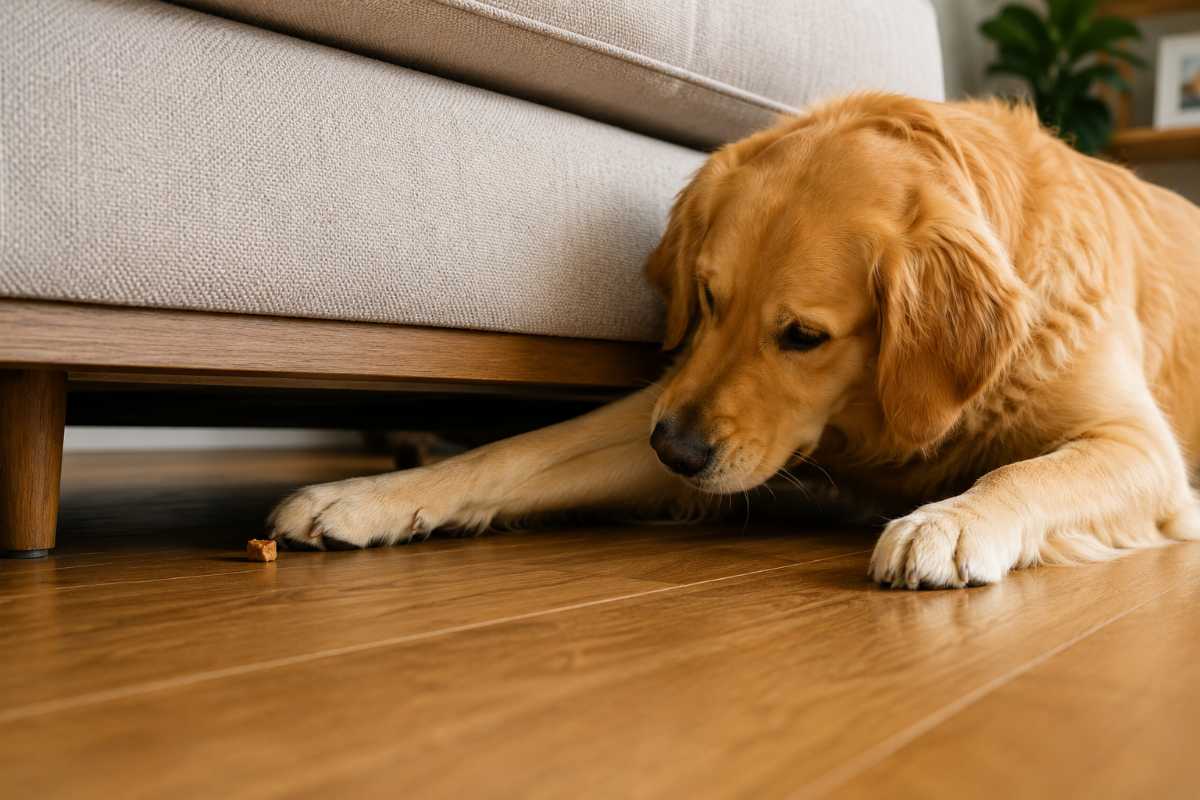 cane che prende cibo da sotto il divano
